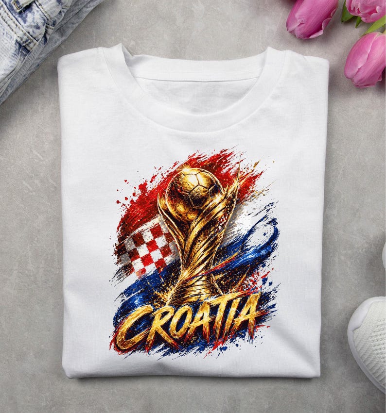 May include: White t-shirt featuring a golden trophy with a soccer ball on top, set against a backdrop of red, white, and blue paint strokes and the word "CROATIA" in gold. The design incorporates the Croatian flag.