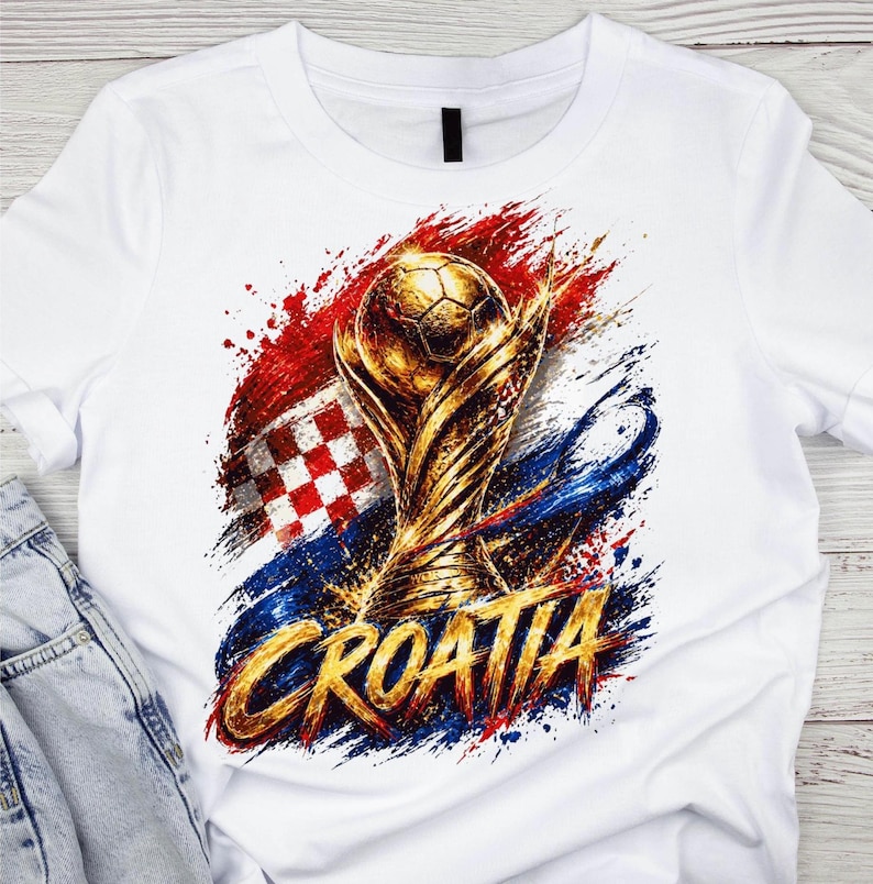 May include: White t-shirt featuring a golden soccer trophy and soccer ball design. The design includes the Croatian flag and the word "CROATIA" in gold. The design has red, white, and blue paint strokes.