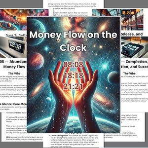 Op de afbeelding: Een digitaal kunstwerk getiteld "Money Flow on the Clock" toont een kosmische achtergrond met planeten en sterrenstelsels. De afbeelding toont de getallen 08:08, 18:18 en 21:21, met handen die naar de getallen reiken. Extra tekst is inbegrepen.