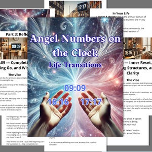 Op de afbeelding: Een digitaal kunstwerk met de tekst "Angel Numbers on the Clock Life Transitions". De afbeelding toont handen die uitreiken naar de getallen 09:09, 16:16 en 17:17, tegen een kleurrijke, kosmische achtergrond.