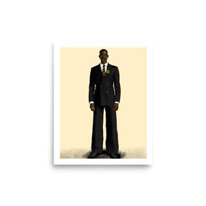 May include: Illustration of a person in a black double-breasted suit with wide-leg pants. The suit is paired with a white shirt and a yellow and black striped tie. The background is a light yellow color.