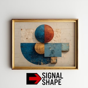 May include: Abstract art print in a gold frame. The artwork features geometric shapes in blue, gold, and red against a textured background. The bottom right corner of the image has the text "SIGNAL SHAPE" with a red arrow.
