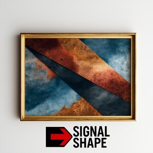 Könnte beinhalten: Abstrakter Kunstdruck in einem goldenen Rahmen. Das Kunstwerk zeigt sich kreuzende geometrische Formen in Blau-, Rost- und Bronzetönen. In der unteren rechten Ecke steht der Text "SIGNAL SHAPE" mit einem roten Pfeil.