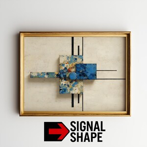 Puede incluir: Obra de arte abstracta enmarcada en oro. La obra presenta un círculo azul central y cuadrados y rectángulos que se cruzan en tonos de azul, blanco y amarillo. También son visibles líneas negras y el texto "SIGNAL SHAPE".