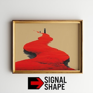 Op de afbeelding: Ingelijste kunstprint met een rode weg die naar een zwarte vuurtoren leidt. Een klein figuur loopt over het pad. De achtergrond is beige. De lijst is goudkleurig. De tekst "SIGNAL SHAPE" staat onderaan.