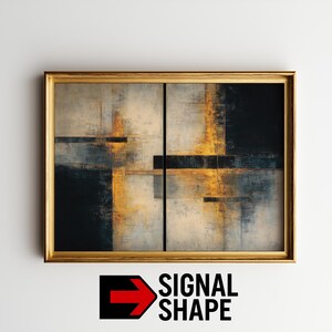 May include: Abstract art print in a gold frame. The artwork features a geometric design with blocks of color in shades of black, gray, and gold. The text "SIGNAL SHAPE" is displayed in black and white with a red arrow.