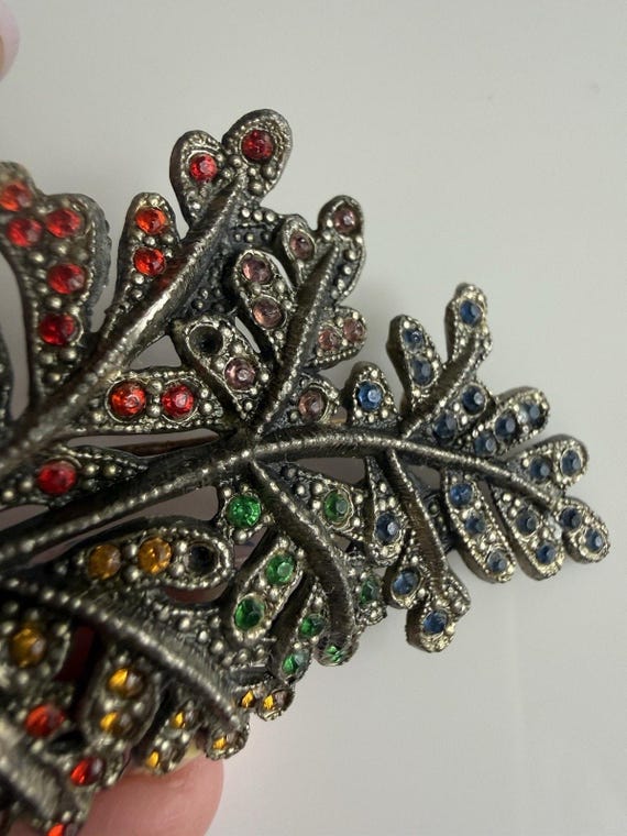Little Nemo Brooch Leaf Rhinestones Red Blue Green Yellow Silver Tone 2.75” View 2