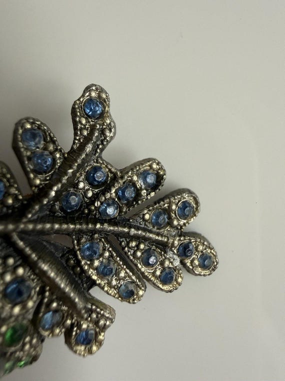 Little Nemo Brooch Leaf Rhinestones Red Blue Green Yellow Silver Tone 2.75” View 4