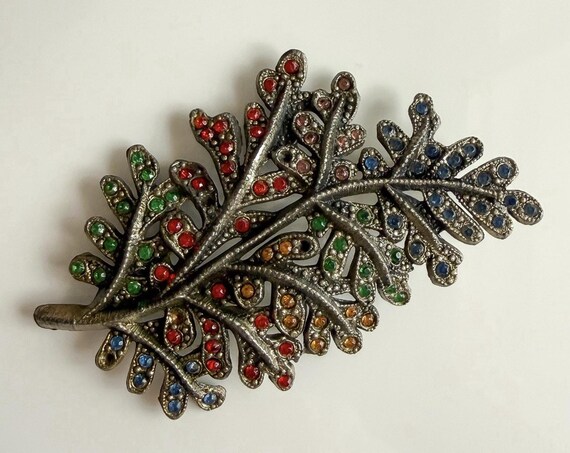 Little Nemo Brooch Leaf Rhinestones Red Blue Green Yellow Silver Tone 2.75”