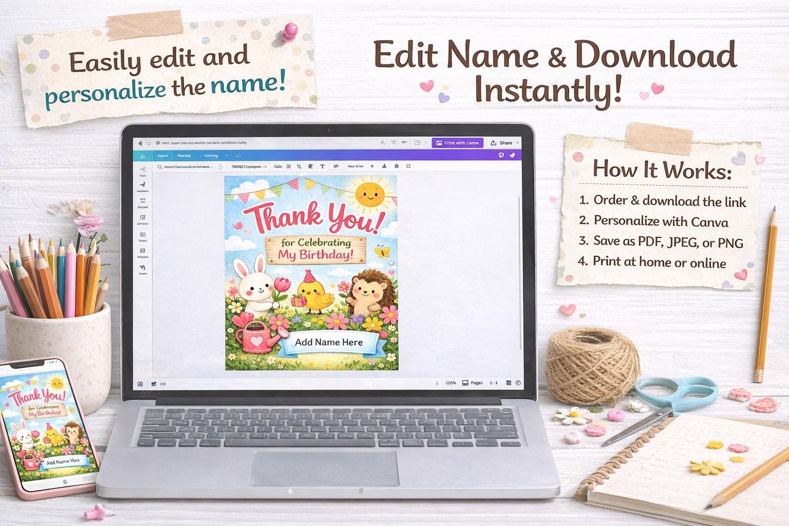 Birthday Thank You Card for Kids | Printable | Editable Canva Template ...