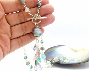 Tahitian Pearl, Aquamarine, Moonstone, and Amethyst Dangle Necklace
