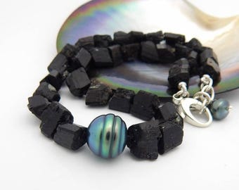 Tahitian Pearl and Natural Black Tourmaline Necklace