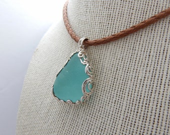 Lagoon Blue Sea Glass and Silver Pendant