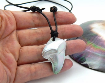 Tahitian Mabe' Shark Tooth on Black Leather Necklace