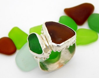 Sea Glass Amber and Green Silver Ring