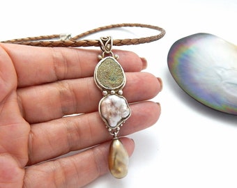 Tahitian Pearl and Rainbow Pyrite Silver Pendant