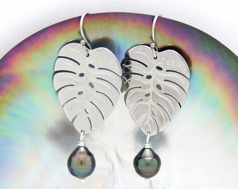 Tahitian Pearl Stainless Steel Leaf Earrings