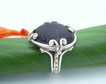 Carved Stone Tattoo Design Silver Ring "Ono"