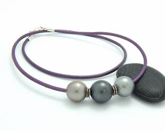 Tahitian Pearl ''toru'' Purple Leather Necklace