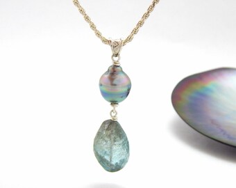 Tahitian Pearl and Aquamarine Silver Pendant