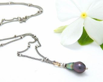 Tahitian Keishi Pearl on Silver Beaded Chain
