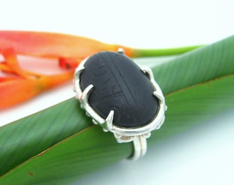 Carved Stone Tattoo Design Silver Ring "totara"