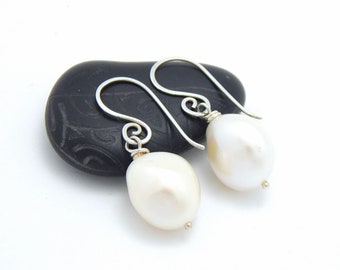 White Baroque Pearl and Silver Earrings