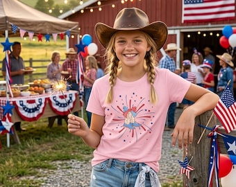 Camiseta juvenil, 4 de julio, botas vaqueras con fuegos artificiales, camiseta juvenil, rojo, blanco y azul patriótico.