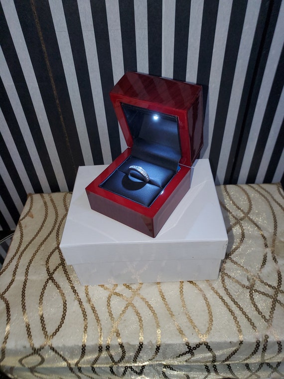 Elegant Lighted LED Cherrywood / Mahogany Wood & Black italian Leather Engagement Ring Box