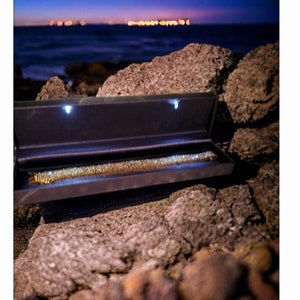 Fancy LED Lighted Ladies Watch / Tennis Bracelet Box Black stitched italian leather illuminated keepsake Presentation gift box