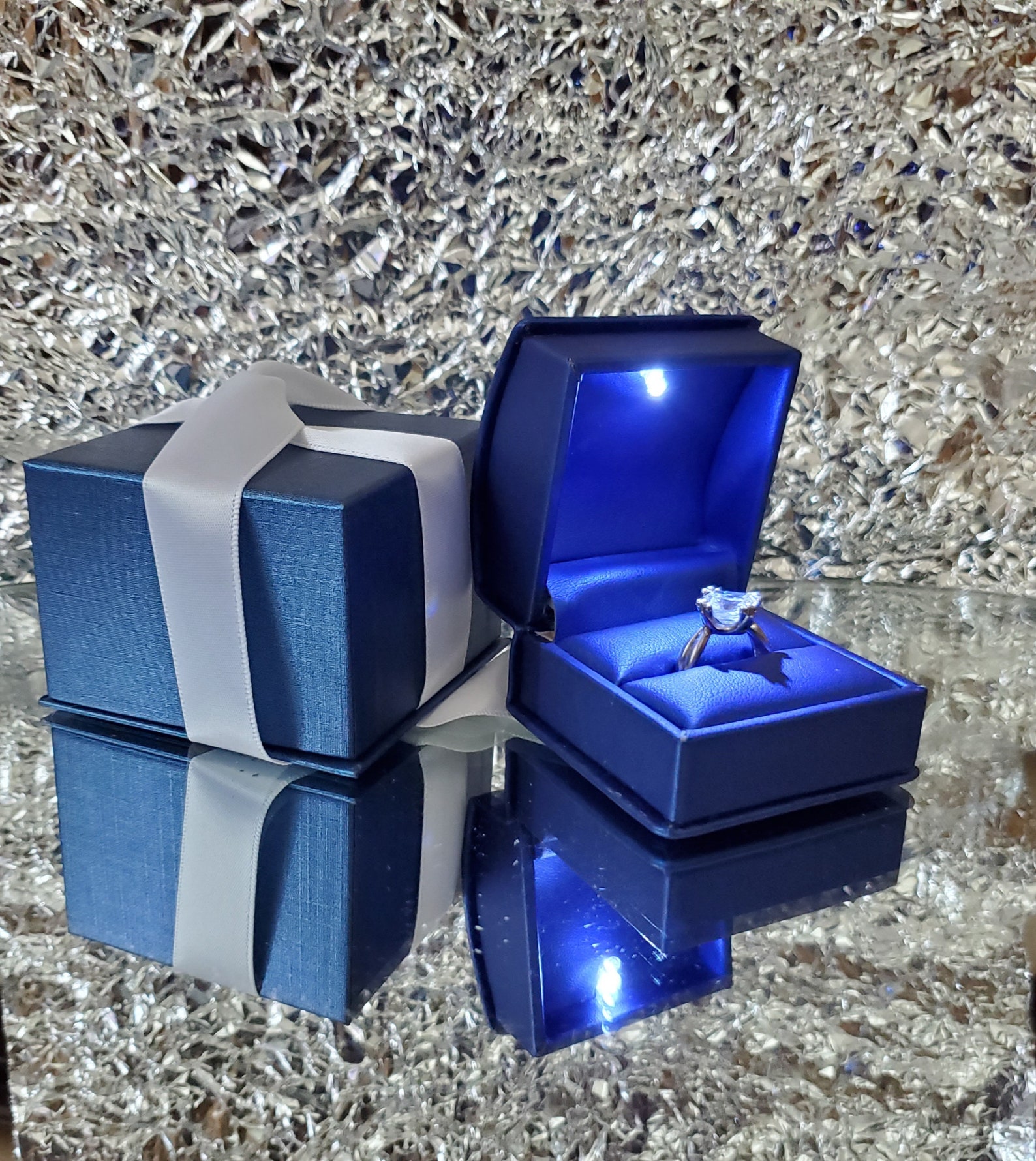 Fancy Blue LED Lighted Engagement Ring Box With Satin Ribbon Etsy