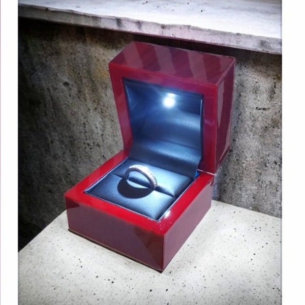 Elegant Lighted LED Cherrywood / Mahogany Wood & Black italian Leather Engagement Ring Box