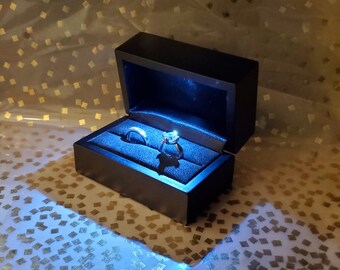 LED lighted wide Matte Black Fancy Genuine Wood Engagement Ring Gift Box bridal wedding bands earrings keepsake display case Luxurious