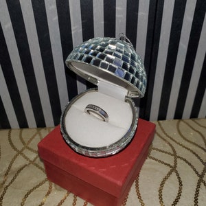 Nostalgic 80&#39;s Era disco Mirrorball Ornament Hanging Unique Fancy Engagement Ring Gift Box promise wedding bands Earrings proposal keepsake