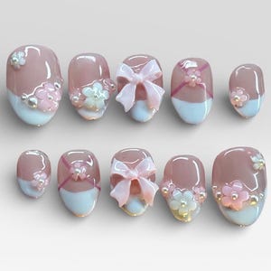 Little Bow Garden Press On Nails for Girls | Pink Floral Bow Nails | Kids Safe Fake Nails Ages 8+ | Cute Press Ons
