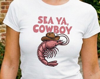 Sea Ya Cowboy Shrimp Baby Tee, Funny Retro Western Beach Vibes Summer Shirt, Trending Amalfi Coast Trip, 90s Style Y2K Summer Crop Top