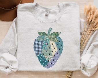 Vintage Strawberry Sweatshirt, Faux Patchwork Quilted Farmhouse Berry Sweater, Rustic Cottagecore Crewneck, Summer Gift