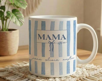 Taza personalizada con nombres de niños y la palabra "Mamá", regalo para el Día de la Madre, taza de café a rayas, regalo personalizado para mamá, regalo para mamás primerizas, regalos personalizados