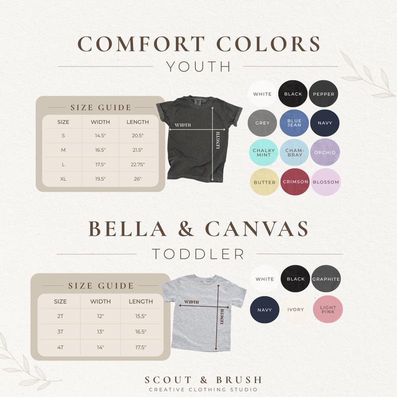 May include: A size guide chart for Comfort Colors youth and Bella & Canvas toddler t-shirts. Includes tables with width and length measurements in inches, images of grey t-shirts with dimension lines, and color swatches with labels for each brand.