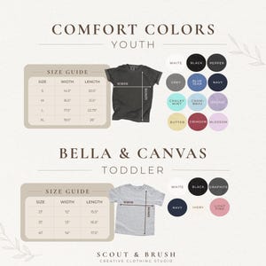 May include: Image displaying size guides and colour options for youth and toddler t-shirts. The "Comfort Colors" youth size guide lists sizes S-XL with width measurements from 36.8 to 49.5 cm and lengths from 52.1 to 66 cm. The "Bella & Canvas" toddler size guide lists sizes 2T-4T.