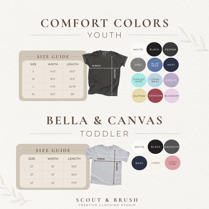 May include: Image displaying size guides and colour options for youth and toddler t-shirts. The "Comfort Colors" youth size guide lists sizes S-XL with width measurements from 36.8 to 49.5 cm and lengths from 52.1 to 66 cm. The "Bella & Canvas" toddler size guide lists sizes 2T-4T.