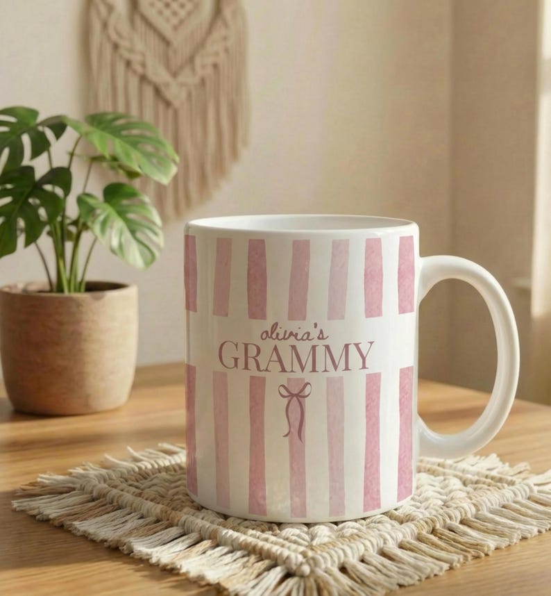 Custom Grandma Mug, Nana Stripe Coffee Cup, New Grandma Gifts, Mother's Day Gift, Grandmother Present, New Baby Gift for Grandmas Pink