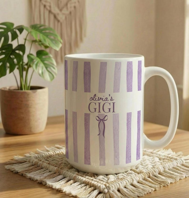 Custom Grandma Mug, Nana Stripe Coffee Cup, New Grandma Gifts, Mother's Day Gift, Grandmother Present, New Baby Gift for Grandmas Purple