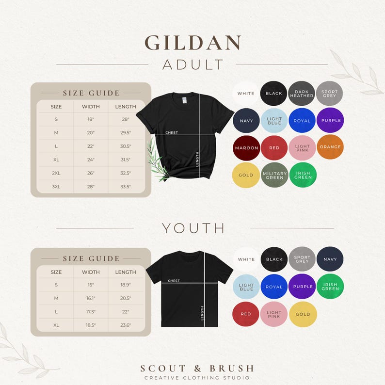 May include: A product image featuring a black Gildan adult t-shirt and a youth t-shirt. The image includes a size guide with measurements in inches and a color chart with options like white, black, navy, and red. The text "SCOUT & BRUSH CREATIVE CLOTHING STUDIO" is at the bottom.
