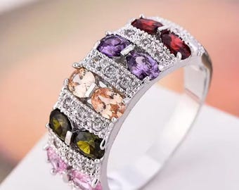 Multicolor Crystal Garden Ring, Wide Ring Paved with Oval Stones, Sparkling Silver Boho Jewelry, Birthday Gift for Women