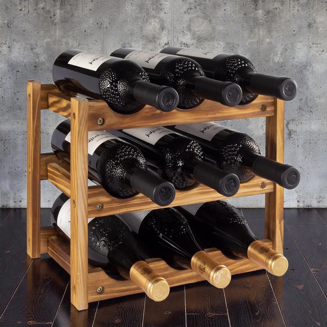 9 Bottle Wine Rack, 3-tier Wooden Countertop Wine Storage Organizer ...