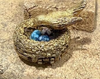 Vintage Max Factor 1970s Bird Nest Solid Perfume Compact with Glass Eggs