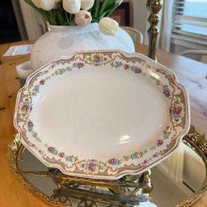 Vintage unmarked European-style floral transferware platter (likely Czechoslovakia/Germany, 1930s–1950s)