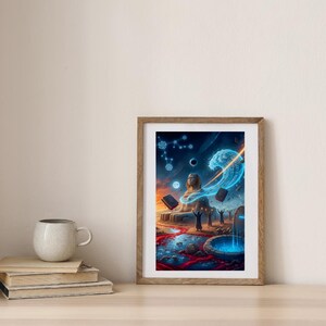 Può includere: Una stampa artistica digitale incorniciata con un paesaggio surreale con una statua, elementi celesti e figure in abiti. L'opera d'arte ha una tavolozza di colori vibranti con blu, arancioni e rossi, creando un'atmosfera mistica. La stampa è esposta su un tavolo di legno.