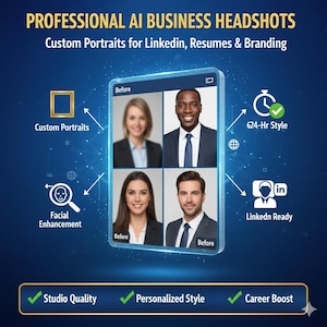 May include: A digital graphic promoting professional AI business headshots. The image showcases custom portraits for LinkedIn, resumes, and branding. Features include facial enhancement, 24-hour style, and LinkedIn-ready portraits. Text includes "Studio Quality", "Personalized Style", and "Career Boost".